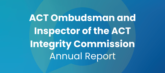 White text reading 'ACT Ombudsman and Inspector of the ACT Integrity Commission Annual Report' on a blue background with a yellow gradient OCO logo.