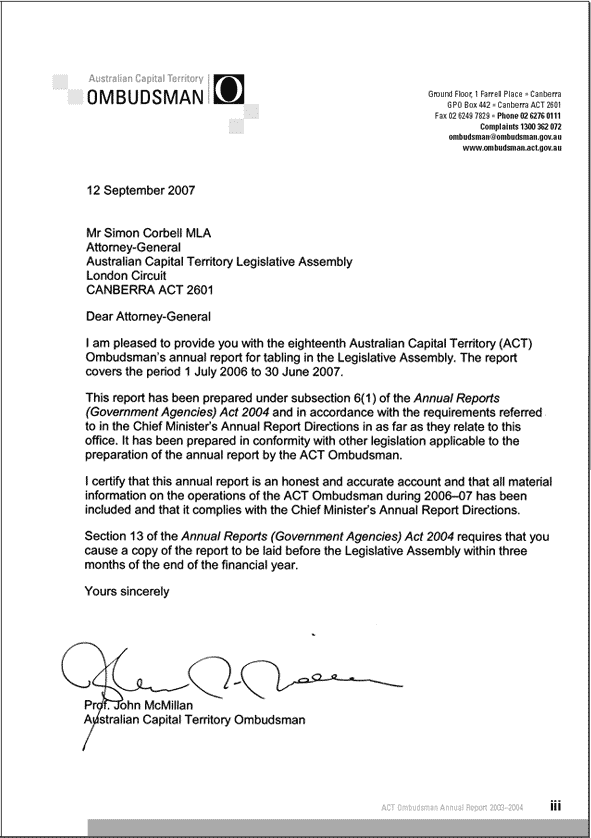 Transmittal letter and certificate to Minister