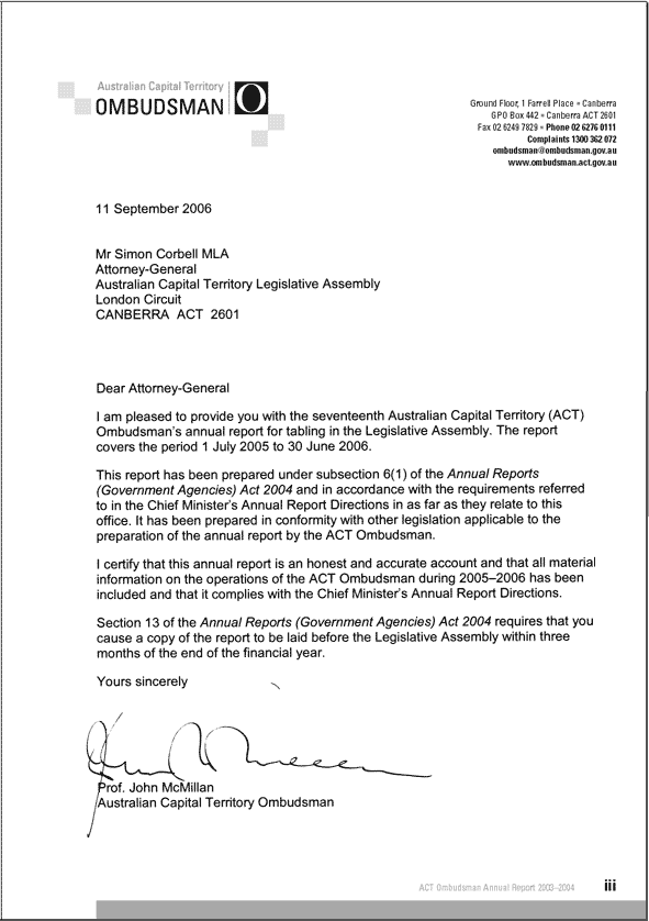 Transmittal letter and certificate to Minister