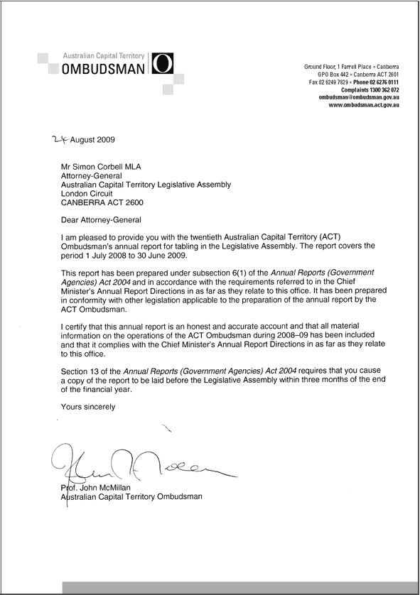Transmittal letter and certificate to Minister